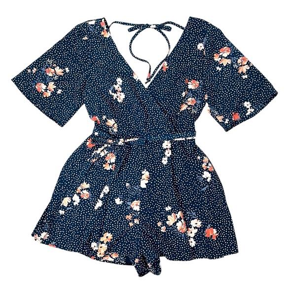 Trixxi Blue and Pink Floral Romper with Belt - Picture 1 of 12